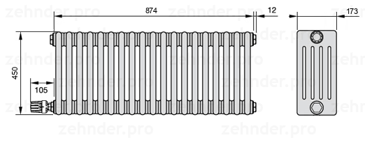 Схема (чертеж) Радиатор Zehnder Charleston 5045/19 №V004 Белый глянцевый RAL 9016